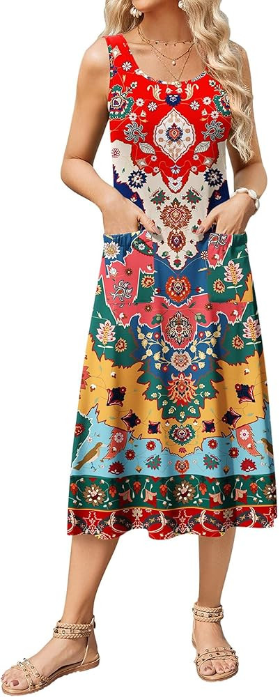 Zeagoo Women's Summer Sleeveless Dress Floral Beach Sundress Casual Crewneck High Waist A-Line Mi... | Amazon (US)