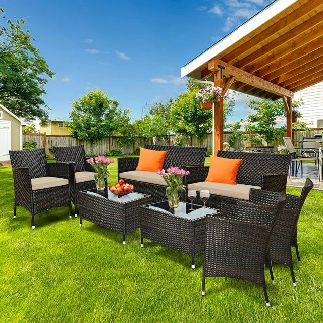 Gymax 8PCS Patio Rattan Outdoor Furniture Set w/ Cushioned Chair Loveseat Table | Walmart (US)
