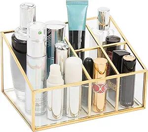 Cedilis Vintage Makeup Organizer, Glass Metal Cosmetic Organizer, Gold Makeup Brush Holder, 5 Com... | Amazon (US)