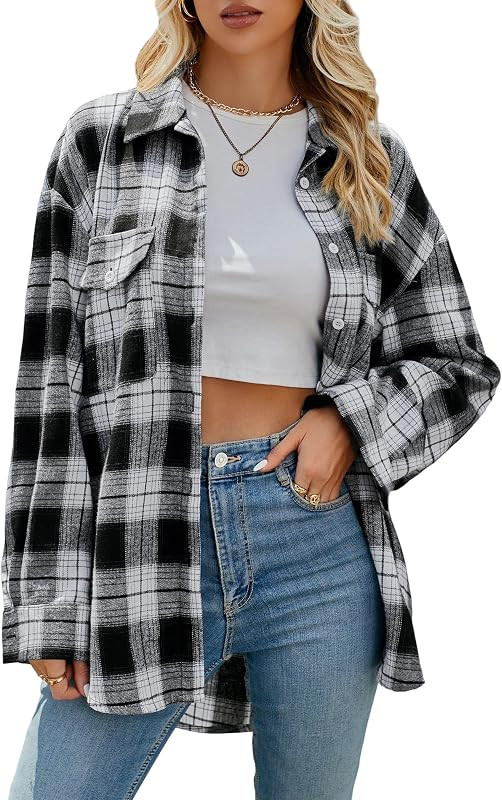 Womens Plaid Shirts Casual Long Sleeve Button Down Buffalo Flannel Shacket Loose 2023 Fall Blouse... | Amazon (US)