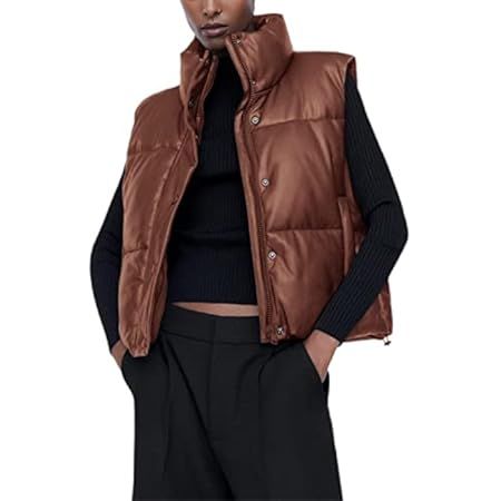 UANEO Womens PU Leather Cropped Puffer Vest Winter Faux Leather Zip Up Sleeveless Jacket | Amazon (US)