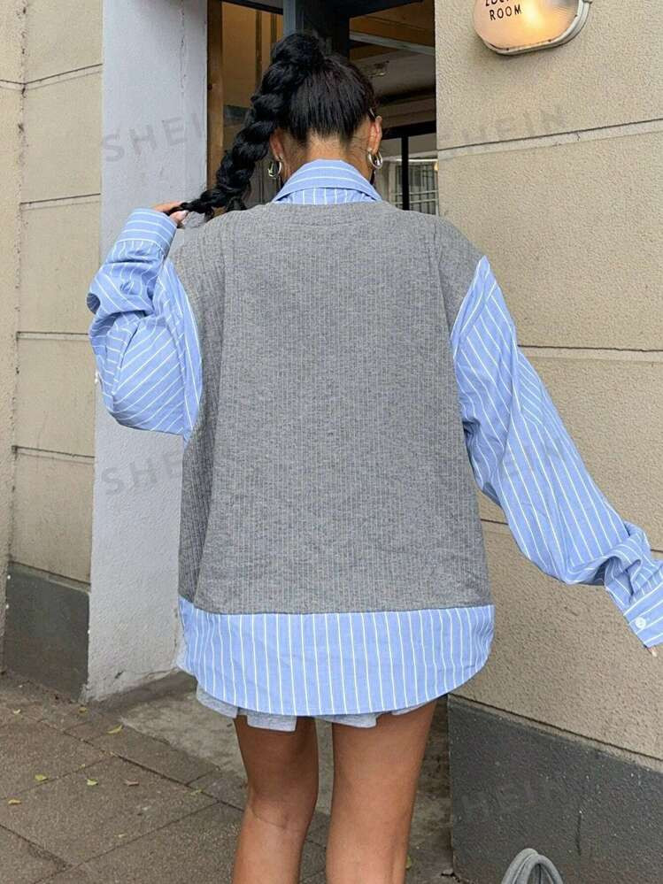 TrendsSHEIN EZwear Women's Striped Splice Long Sleeve Casual Loose Blouse Shirt For Spring Autumn | SHEIN