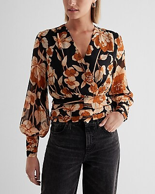 Floral V-neck Long Sleeve Faux Wrap Pleated Waist Top | Express