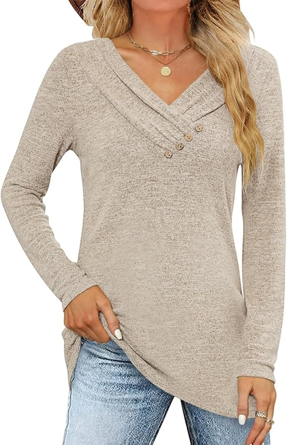 Women's Fall Long Sleeve Tunic Tops for Leggings V Neck Button Casual Blouse Sweatshirt | Amazon (US)