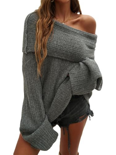 Tbahhir Off The Shoulder Oversized Sweaters for Women Batwing Long Sleeve Chunky Slouchy Cable Knitted Pullover Tops Grey | Amazon (US)