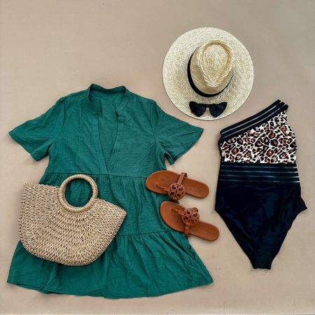 Women's Forest Green Paneled Plunge Neck Cover-Up Dress - Cupshe. Women's Leopard Print Mesh One Shoulder One Piece Swimsuit - Cupshe. Tory Burch MILLER SOFT SANDAL. 
