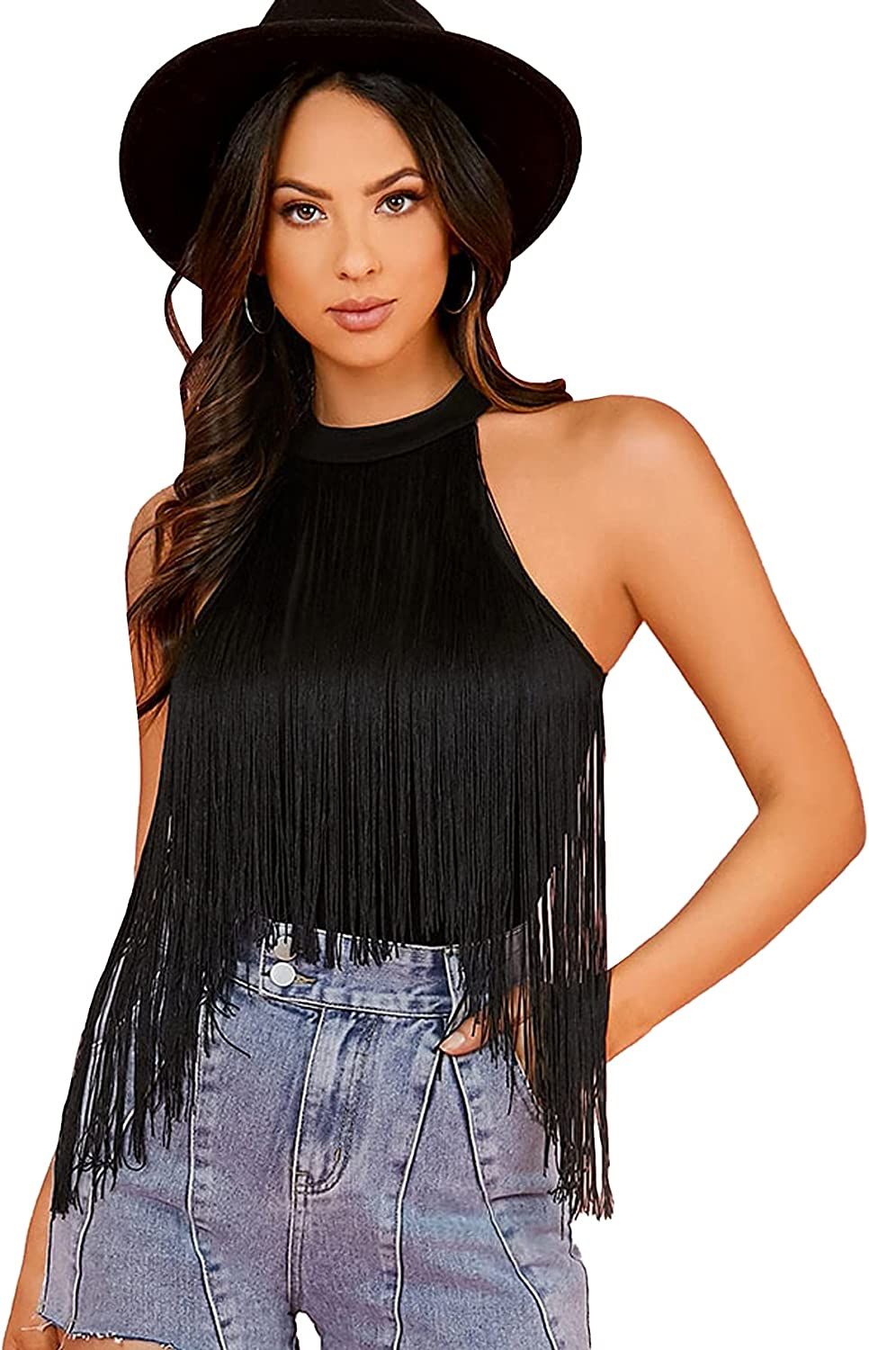 Amazon.com: Verdusa Women's Fringe Trim Sleeveless Bodycon Halter Bodysuit Top Black S : Clothing... | Amazon (US)