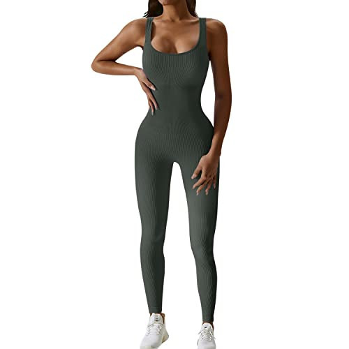 JANPRiNT Yoga Jumpsuit for Women Workout Gym Seamless Ribbed One Piece Square Neck Tummy Control Padded Sport Bra Jumpsuits(Olive Green,L) | Amazon (US)