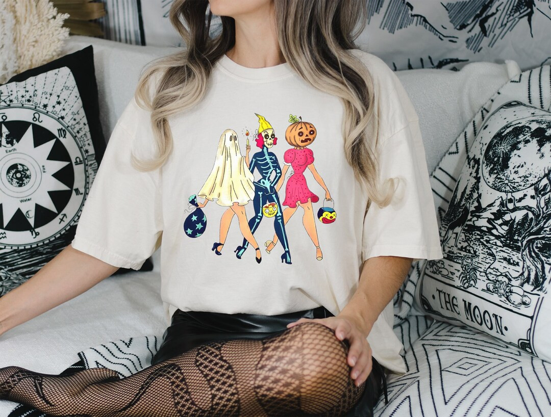 halloween comfort colors tee, vintage trick or treat ladies, retro fall fashion costumes, gift fo... | Etsy (US)
