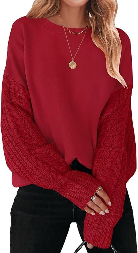 ZESICA Women's 2023 Fall Long Sleeve Crew Neck Solid Color Cable Knit Chunky Casual Oversized Pul... | Amazon (US)