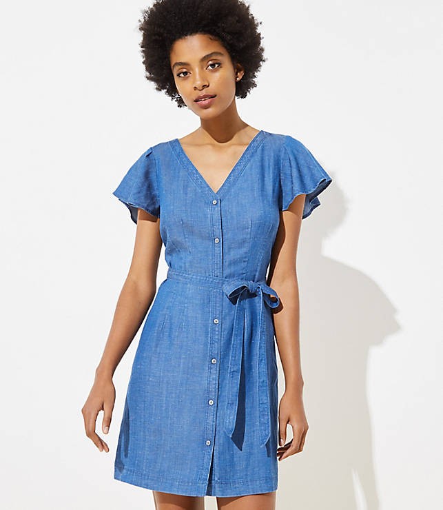 Chambray Flutter Tie Waist Shirtdress | LOFT