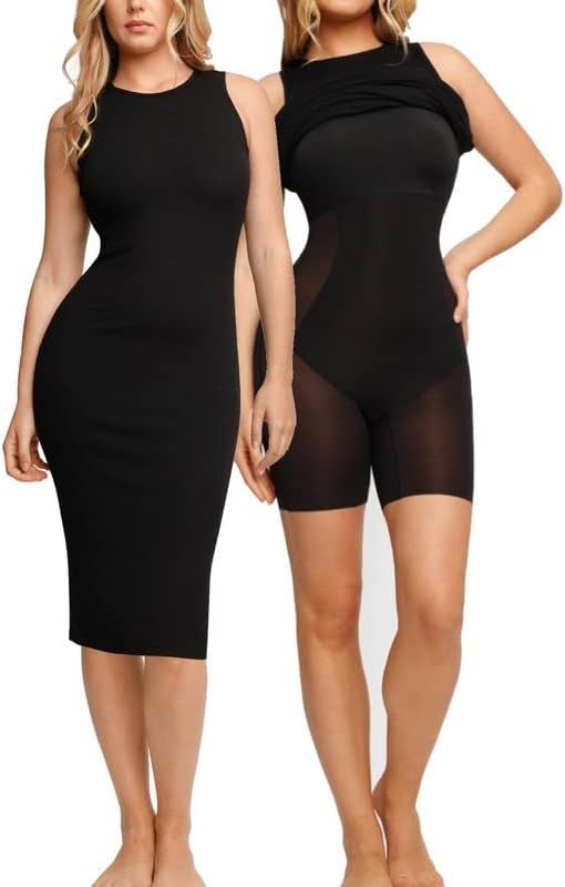 Popilush Shaper Dress Built-in Shapewear Bra 9 in 1 Crew Neck Casual Summer Midi Bodycon Dresses ... | Amazon (US)