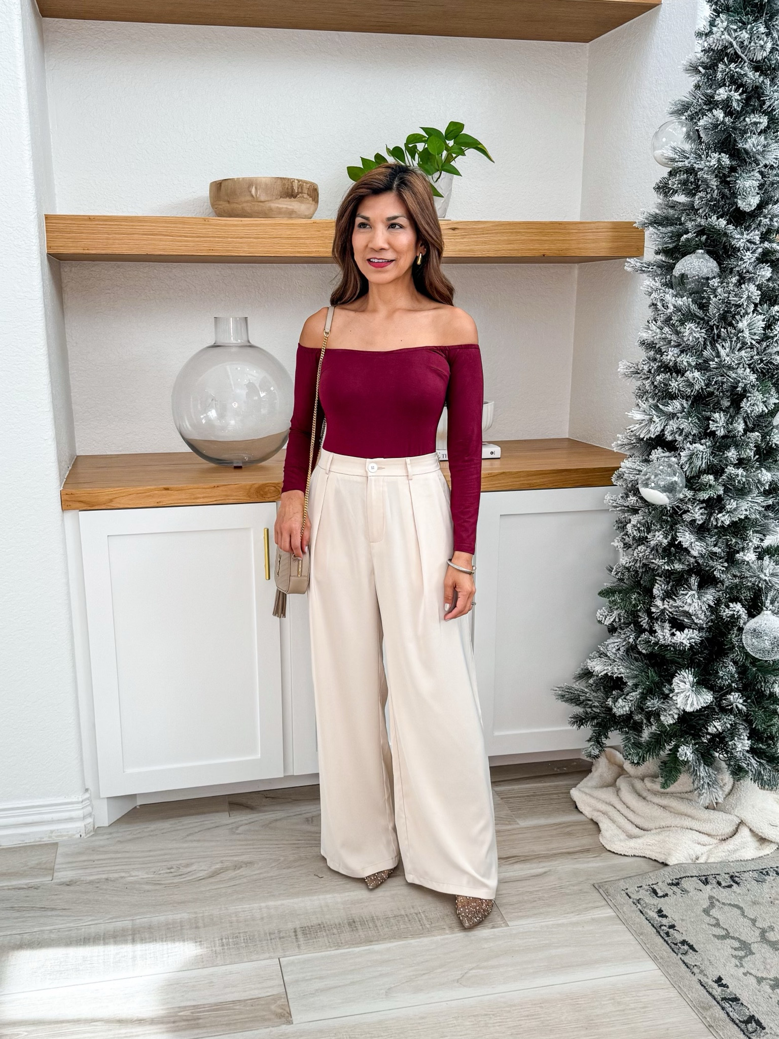 Top is actually a bodysuit, wearing small tts. Color is Wine Red. 
Satin pants in small tts. Color is Solid Khaki.
Shoes tts.
My fave red  lipstick for the holidays and transfer-proof: shade Forever Charm use code YAYGIFTING for 20% off.
Accessories are linked.
YSL Lou mini bag in Datk Beige.
Holiday Outfits, Christmas Outfits, Amazon Finds, over 40 style, fashion over 40

#LTKSeasonal #LTKHoliday #LTKstyletip