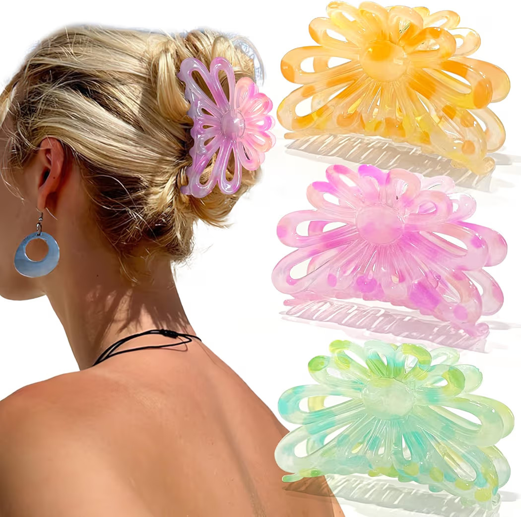 Flower Hair Claw Clips for Women/Girls, 3PCS 3.1" Big Cute Clips for Thick/Thin Fine Hair, Nonsli... | Amazon (US)