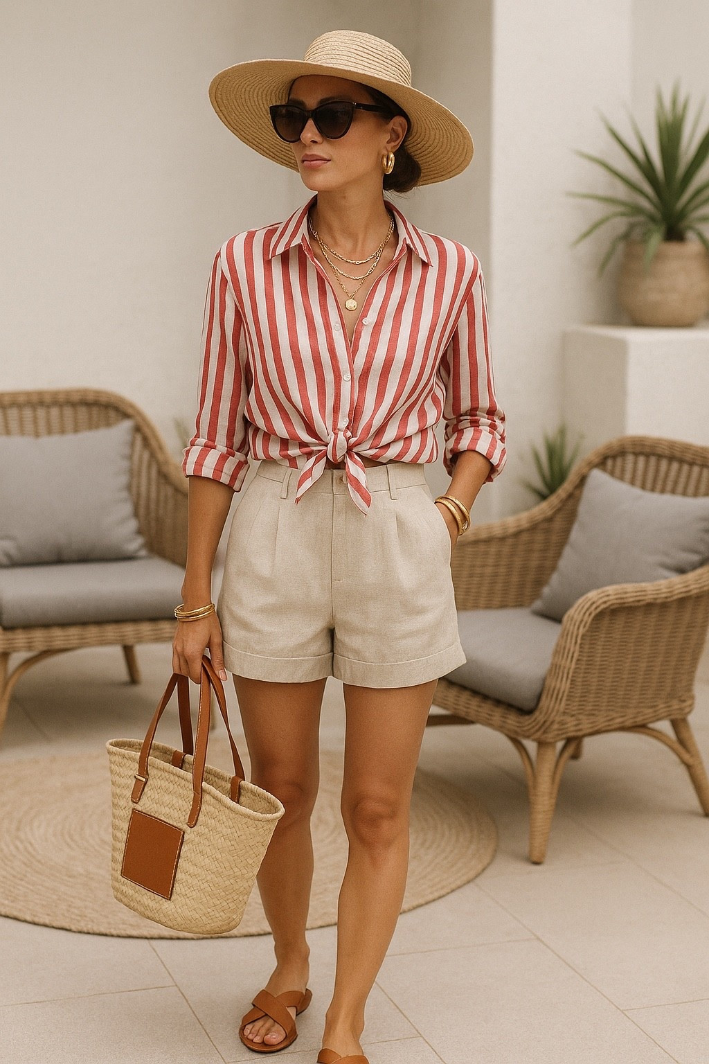 Effortless summer chic 🌴✨ Striped button-up + linen shorts + straw tote = my go-to warm-weather uniform!

This image was AI-generated.