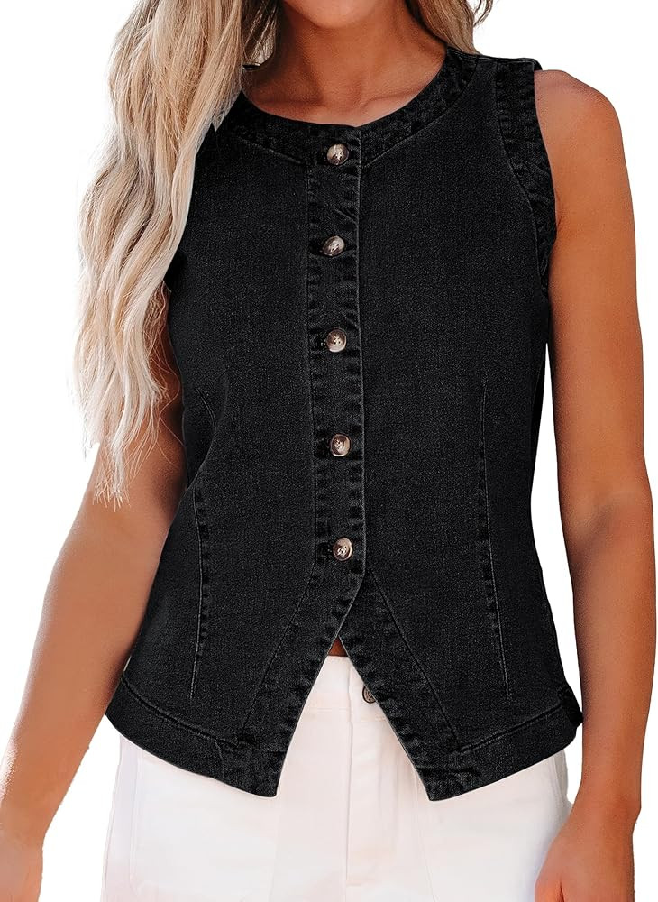 luvamia Denim Vest for Women Sleeveless Strechy Jean Vest Top Button Down Crewneck Casual Summer ... | Amazon (US)