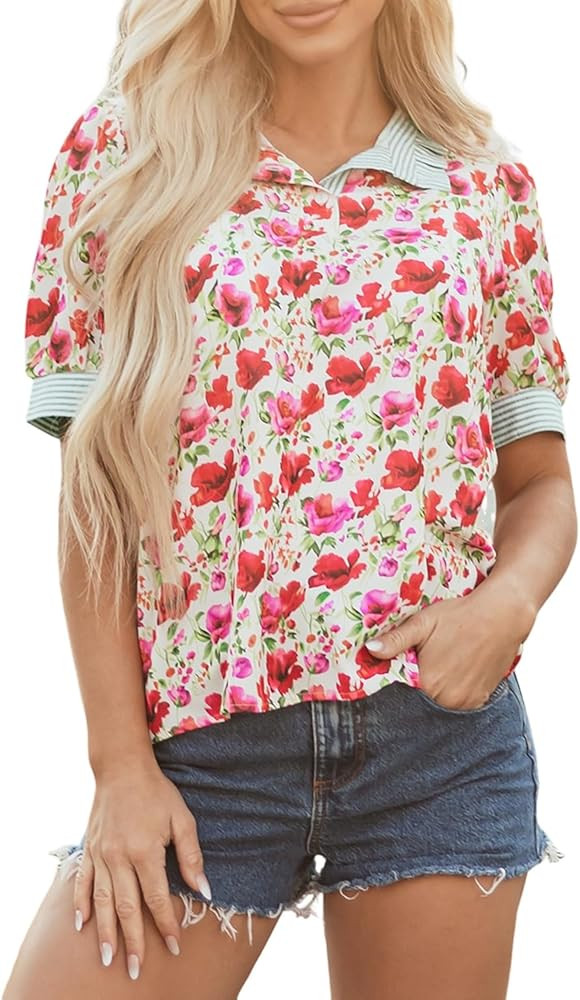 Women's Blouses Summer Tops Red Floral Print Striped Patchwork Collared Short Sleeve Blouse | Amazon (US)