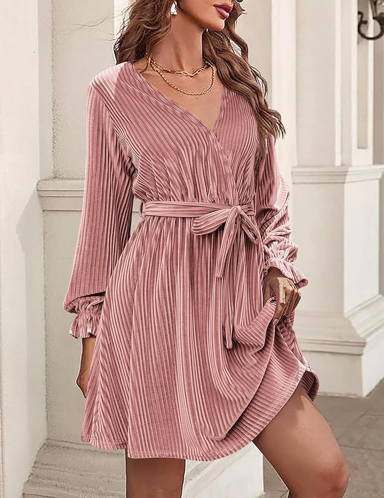 HOTOUCH Women's Velvet Dress Wrap V Neck Flared Dress Long Lantern Sleeve Dresses with Belt Cocktail | Amazon (US)