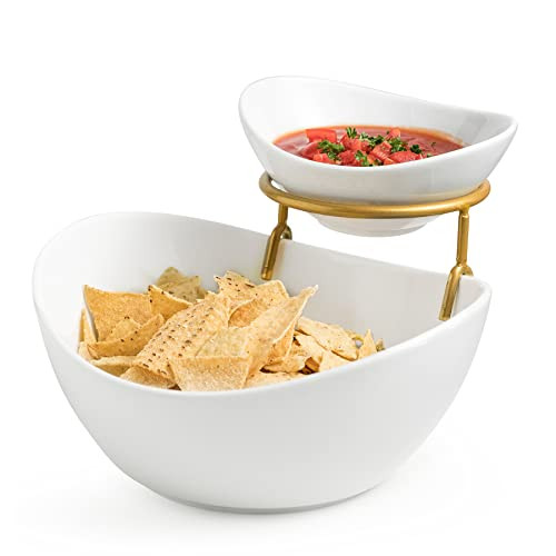 Miamolo Porcelain Serving Bowl Set for Appetizer Serving Dishes Set with 2 Compartment, Chip and Dip Taco Rack Display Salad Bar Serving Set, Gold Stand | Amazon (US)