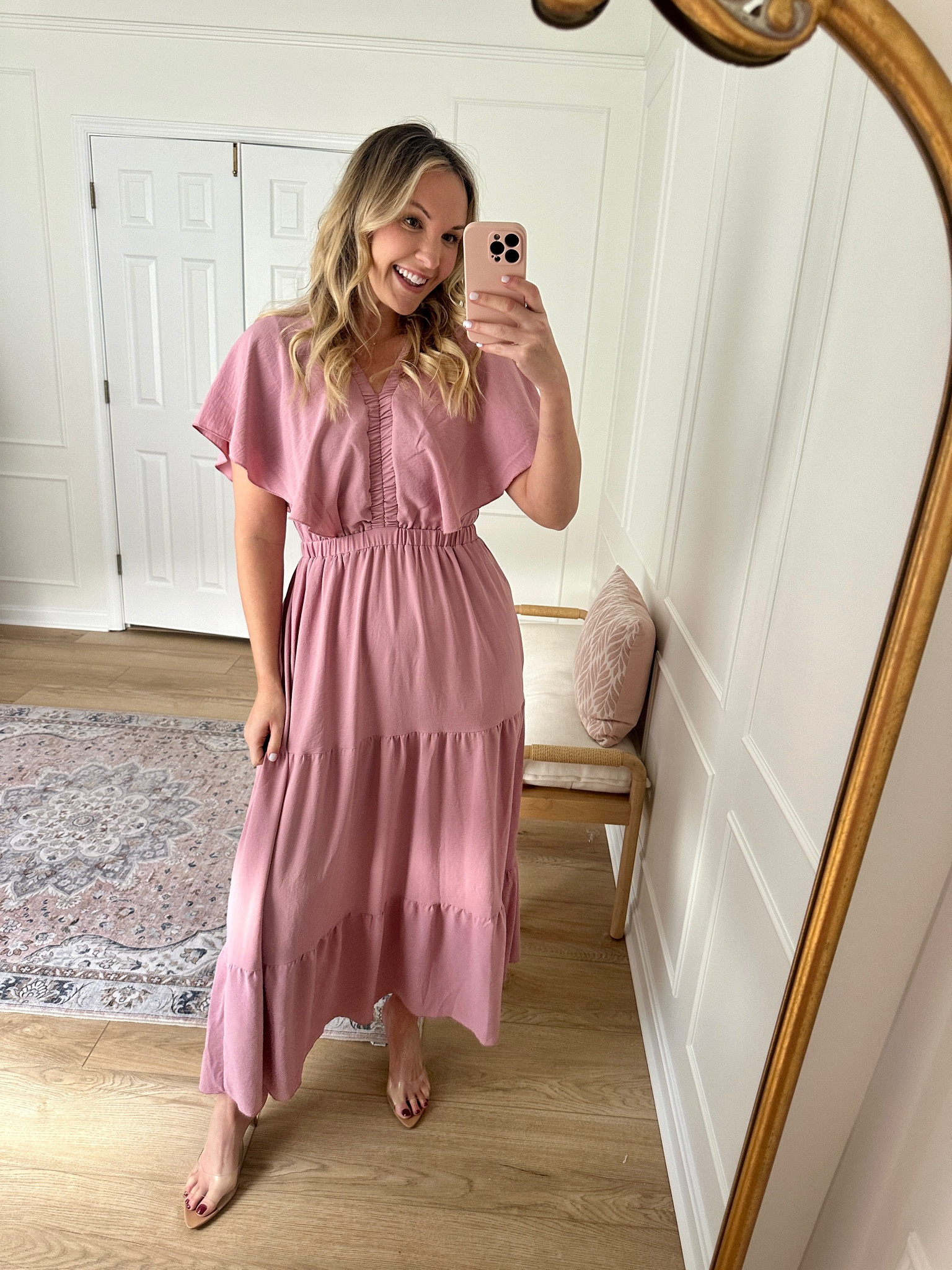 Love the color of this dress! Perfect for family photos, date night, or any spring occasion  wearing a med 

#LTKStyleTip #LTKSeasonal #LTKMidsize