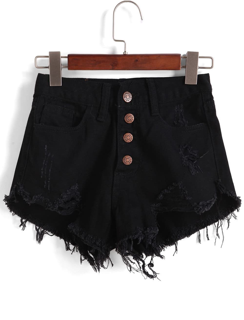 Single-breasted Ripped Fringe Denim Black Shorts | ROMWE