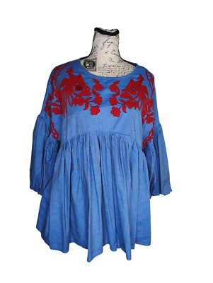 Hemant & Nandita Anthropologie Medium Red Embroidered Blue Tunic Top Babydoll | eBay | eBay US