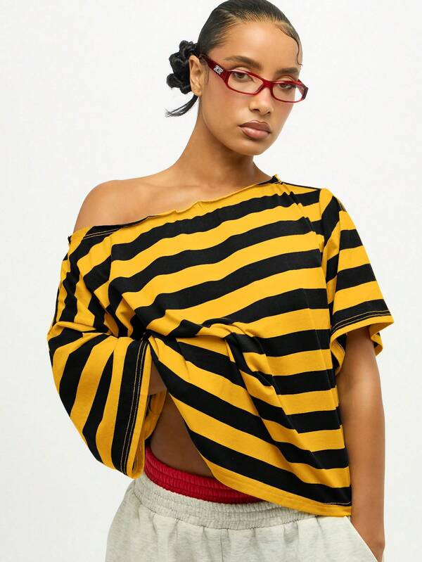 SUMWON Plus Size Off Shoulder Striped T-Shirt With Asymmetric Hem And Knotted Detail For Casual Summer Wear | SHEIN