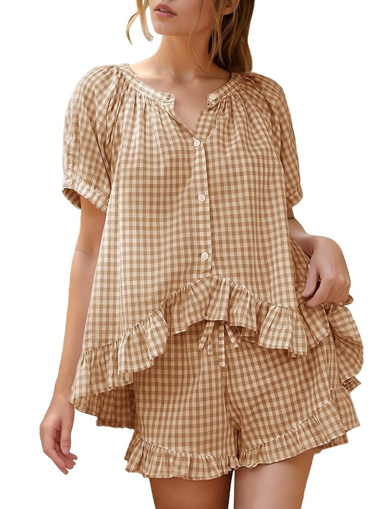 Flygo Womens Gingham Pajamas Set 2 Piece Cotton Pj Lounge Sets Puff Sleeve Ruffle Babydoll Shirt ... | Amazon (US)