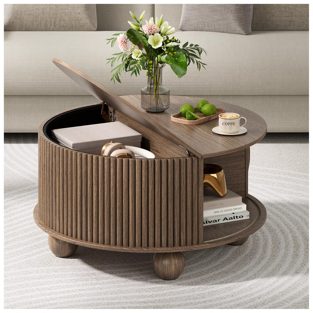 Round Coffee Table With Storage, Fluted Lift Up Coffee Table With Sliding Door, 31.5" Drum Center... | Wayfair North America