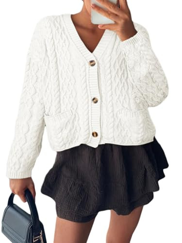 Simplee Womens Chunky Crochet Cardigan Long Sleeve Loose Cable Knit Oversized Sweater Button Up Outerwear Coats(Medium,White) | Amazon (US)