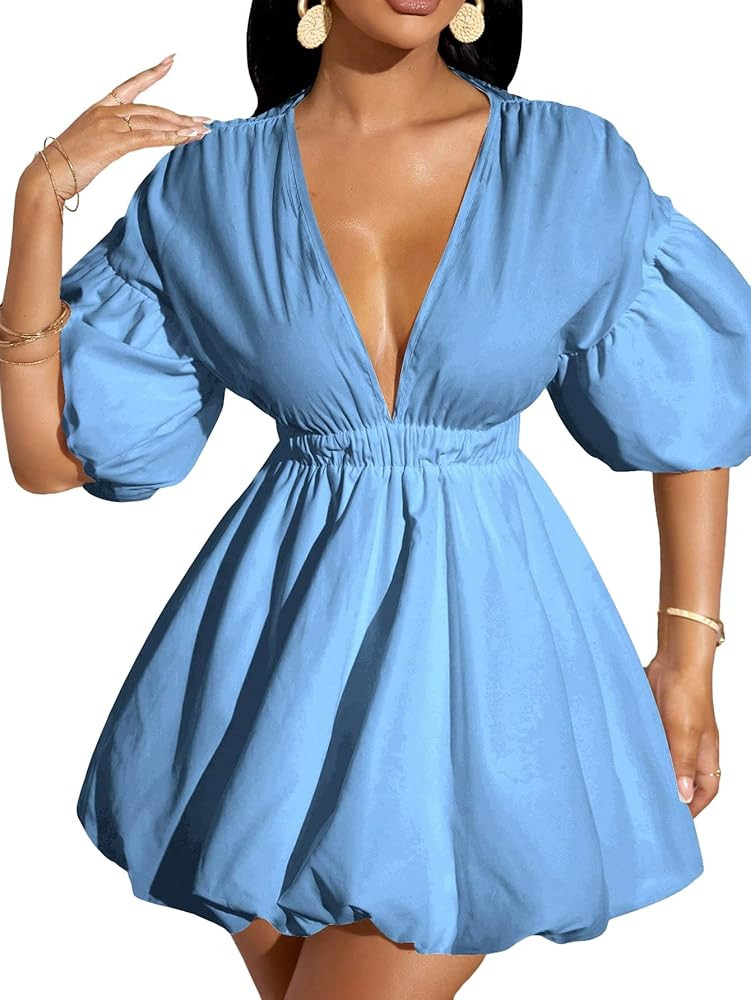 WDIRARA Women's Deep V Neck Puff Sleeve High Rise Flare Dress Elastic Waist Dress | Amazon (US)