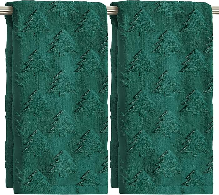 2 Pcs Christmas Hand Towels for Bathroom Green Cotton Christmas Tree Jacquard Weave Bath Decorati... | Amazon (US)