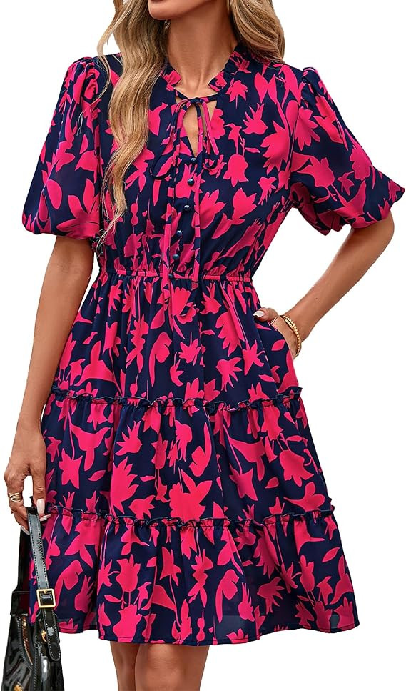 BTFBM Women Summer Floral Short Dresses V Neck Short Sleeve Tiered Ruffle Boho Swing Dress A-Line... | Amazon (US)