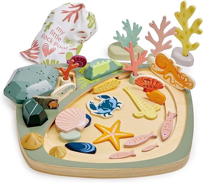 Tender Leaf Toys - My Little Rock Pool - 35 Piece Wooden Sea Life Set with Illustrated Drawstring... | Amazon (US)