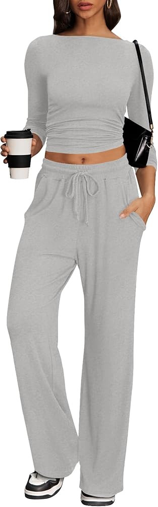 Cozy 2 Piece Lounge Sets for Women, Side Ruched Long Sleeve Top & Wide Leg Pants Casual Matching ... | Amazon (US)