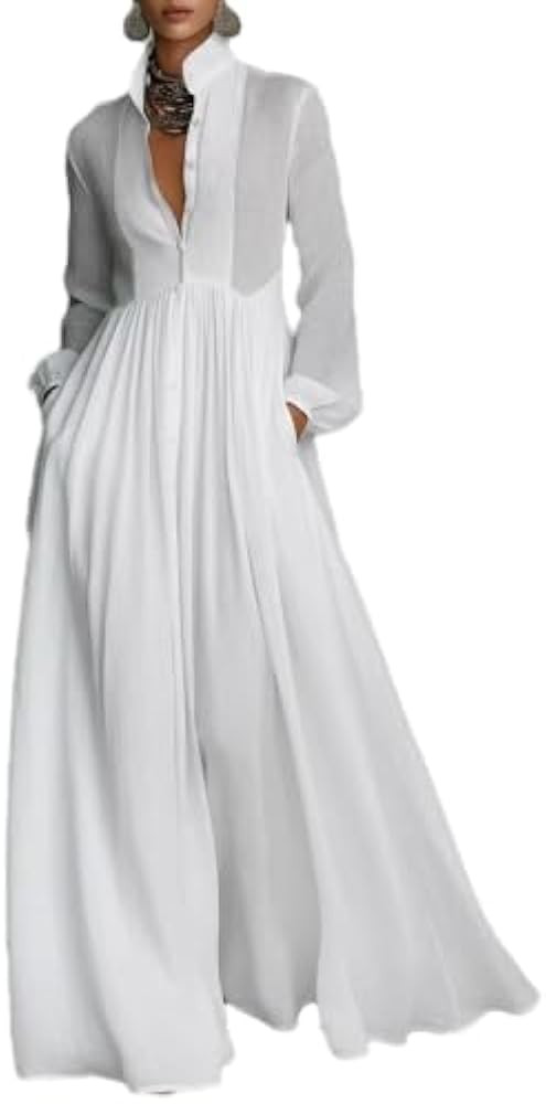Women's Long Sleeve Maxi Dress Button Down Stand Collar Flowy Vacation Dress with Pockets | Amazon (US)