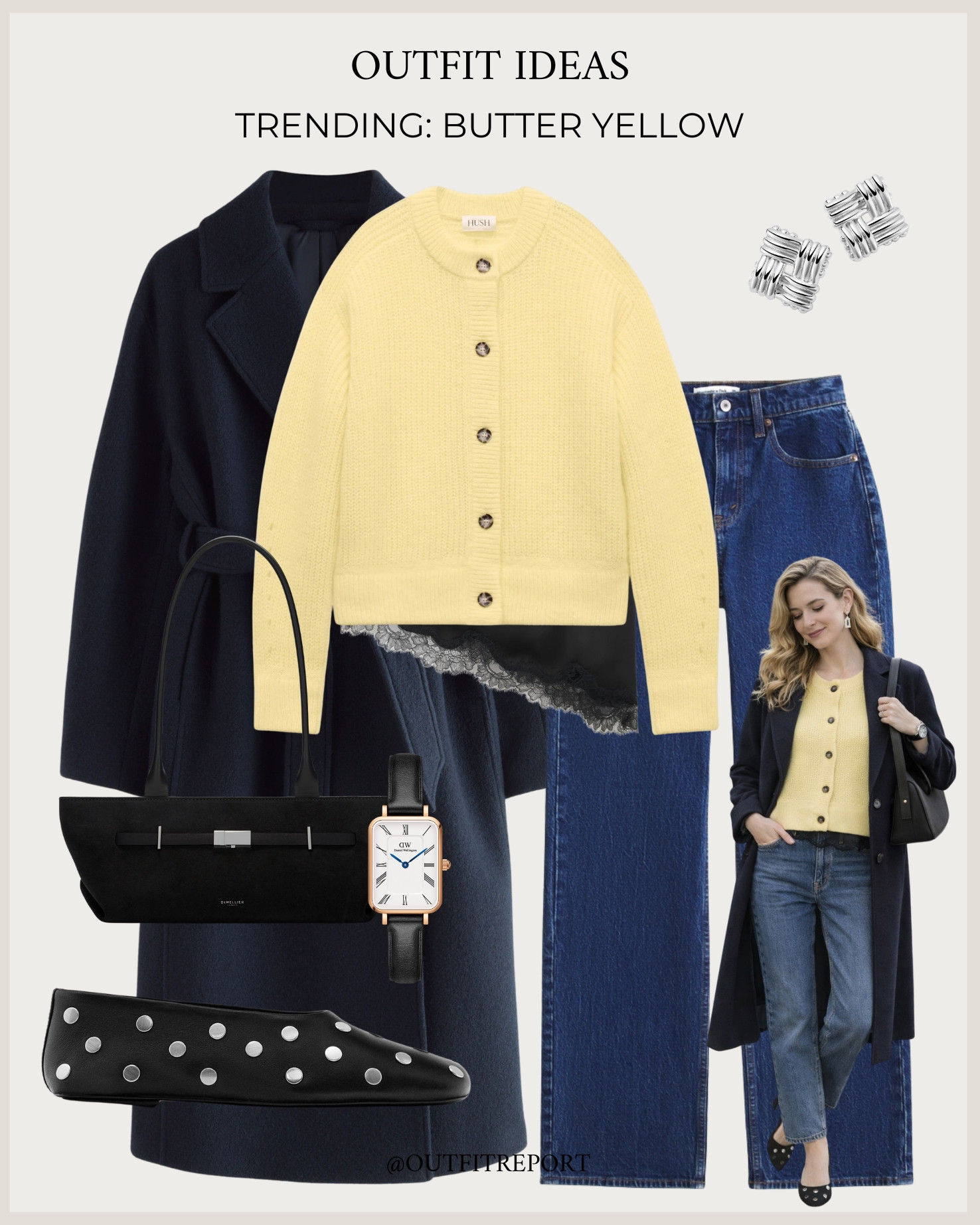 Butter yellow cardigan blue jeans black coat and ballerina flats 

#LTKSeasonal #LTKSpringSale #LTKootd