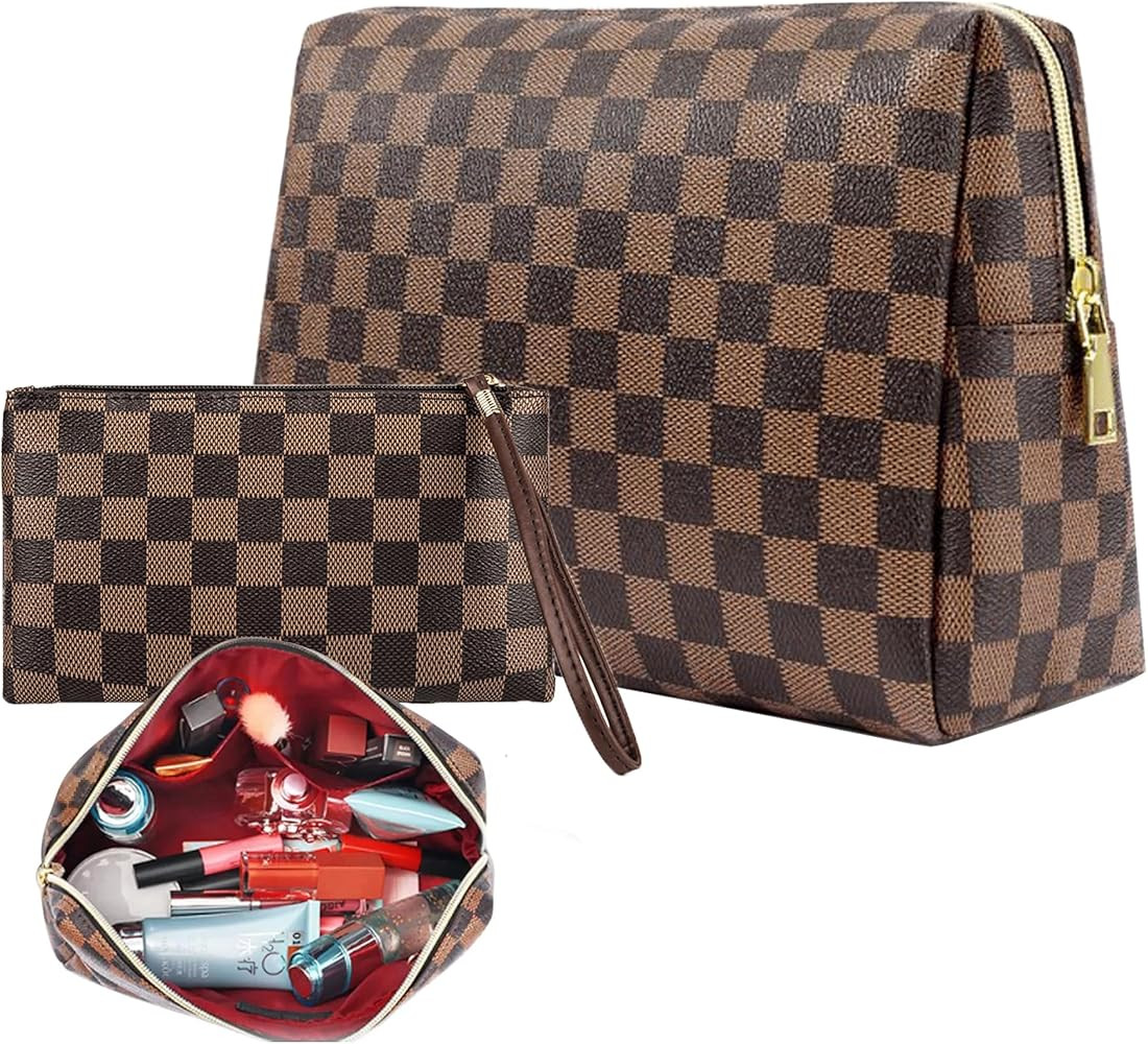 BAGCRAZY Checkered Makeup Bag, Portabel Leather Large Cosmetic Bag, 2 Pack Large Capacity Travel ... | Amazon (US)