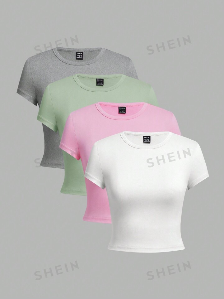 SHEIN EZwear 4pcs Casual Round Neck Slim Short Sleeve Women's T-Shirt, Suitable For Summer | SHEI... | SHEIN
