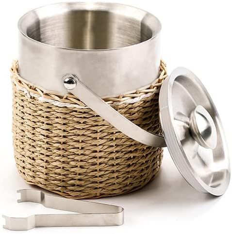 Ice Bucket with Lid, 2 Liter Stainless Steel Insulated Ice Bucket with Wicker Outer Basket Handle... | Amazon (US)