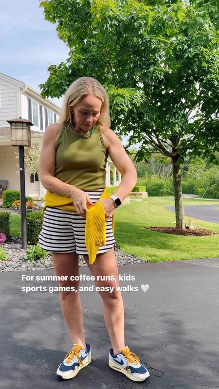 For summer coffee runs, kids sports, and easy walks - Gap sweat-shorts, racerback tank, sweater layer, Amazon beaded necklace, Nike sneakers.

Check out CLAIRELATELY.com for more everyday casual outfit ideas 

#LTKVideo #LTKFindsUnder100 #LTKFindsUnder50