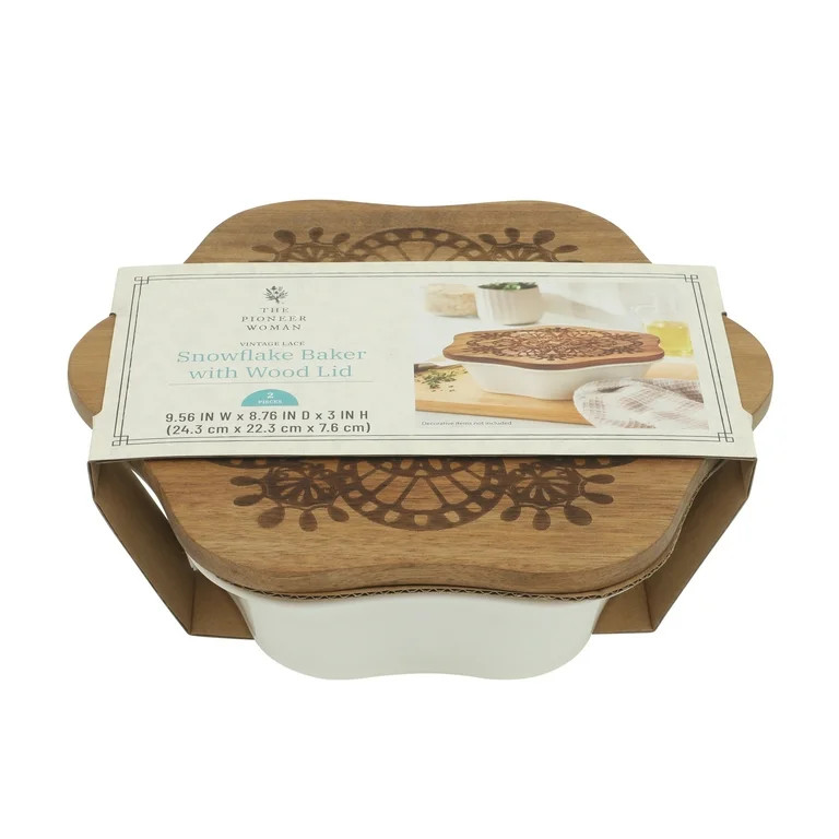 The Pioneer Woman 9-Inch Snowflake Stoneware Baker with Wood Lid, White | Walmart (US)