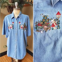 Vintage Embroidered Denim Short Sleeve Shirt Floral Button Up Top Teddy Bear Sunflowers Flowers 80's 90's Fits Womens Size Medium Or Large | Etsy (US)