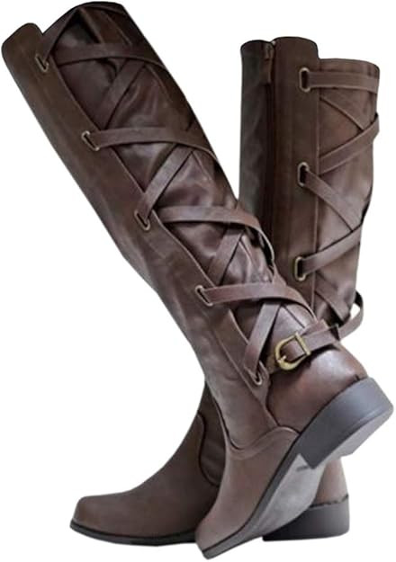 Syktkmx Womens Strappy Motorcycle Knee High Boots Winter Lace Up Riding Flat Low Heel Shoes | Amazon (US)