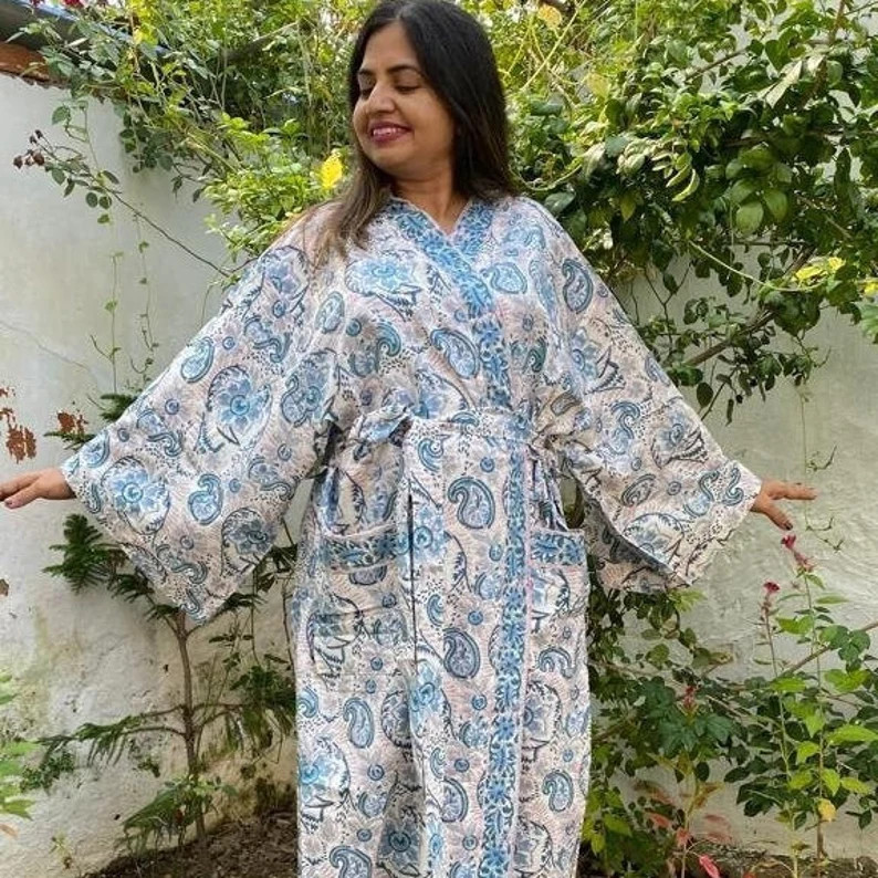 Hand Block Print Kimono Robe Cotton Bathrobe Lightweight - Etsy | Etsy (US)