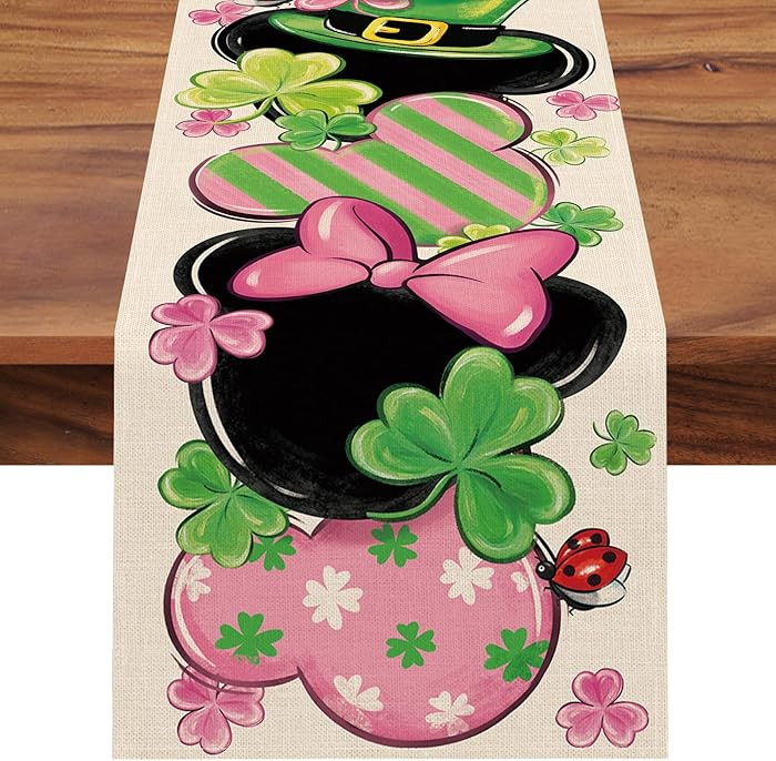 Seliem St Patricks Day Table Runner, Pink Lucky Shamrock Clover Top Hat Kitchen Dining Table Deco... | Amazon (US)