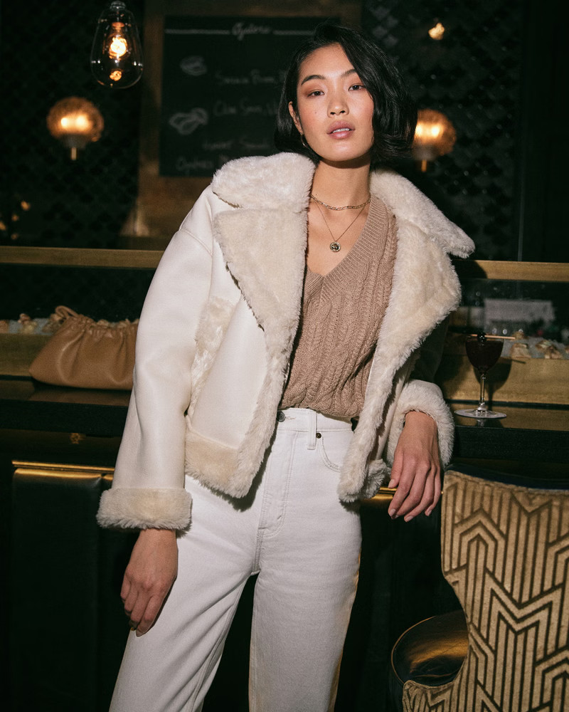 Oversized Short Sherpa-Lined Vegan Leather Coat | Abercrombie & Fitch (US)