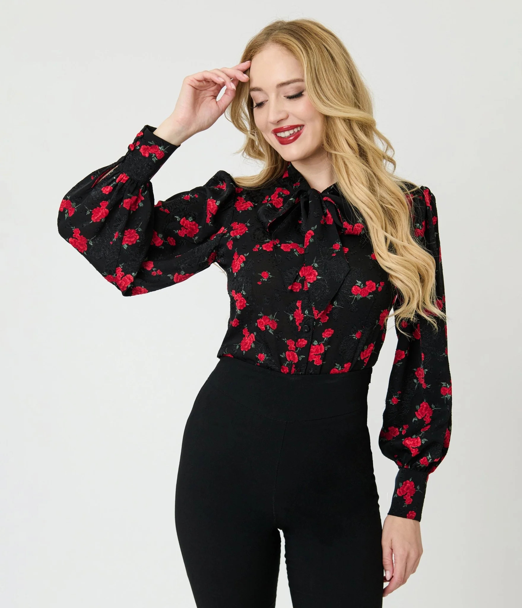 Unique Vintage Black & Red Roses Long Sleeve Gwen Blouse | Unique Vintage - North America