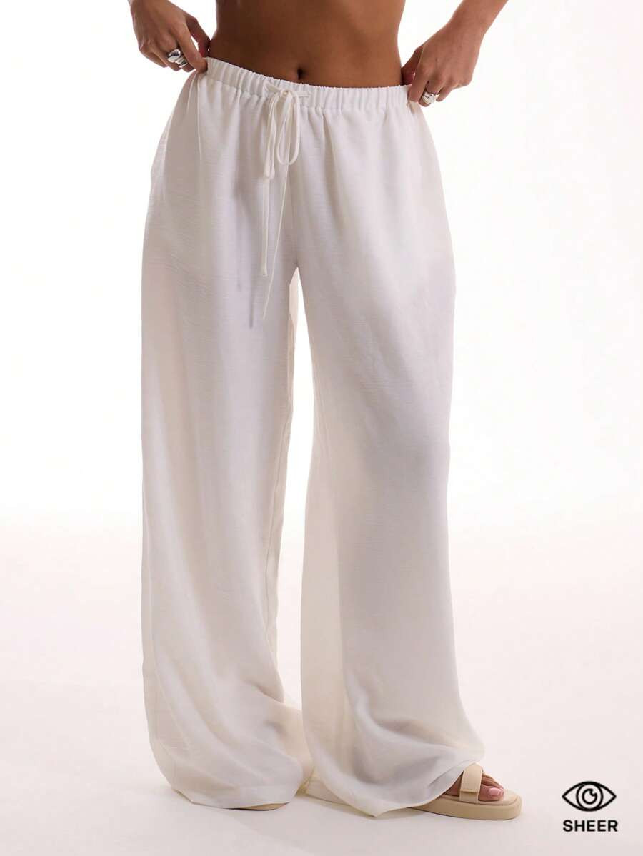 MUSERA Holiday Textured Linen Feel Tie Waist Trouser Vacation Summer Spring Elegant Beachwear Boh... | SHEIN