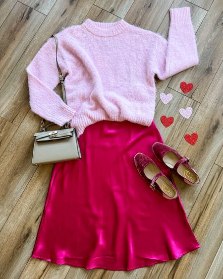Valentine’s Day outfits. Valentine’s Day. Satin skirt. Pink sweater. 

#LTKSeasonal #LTKMostLoved #LTKsalealert